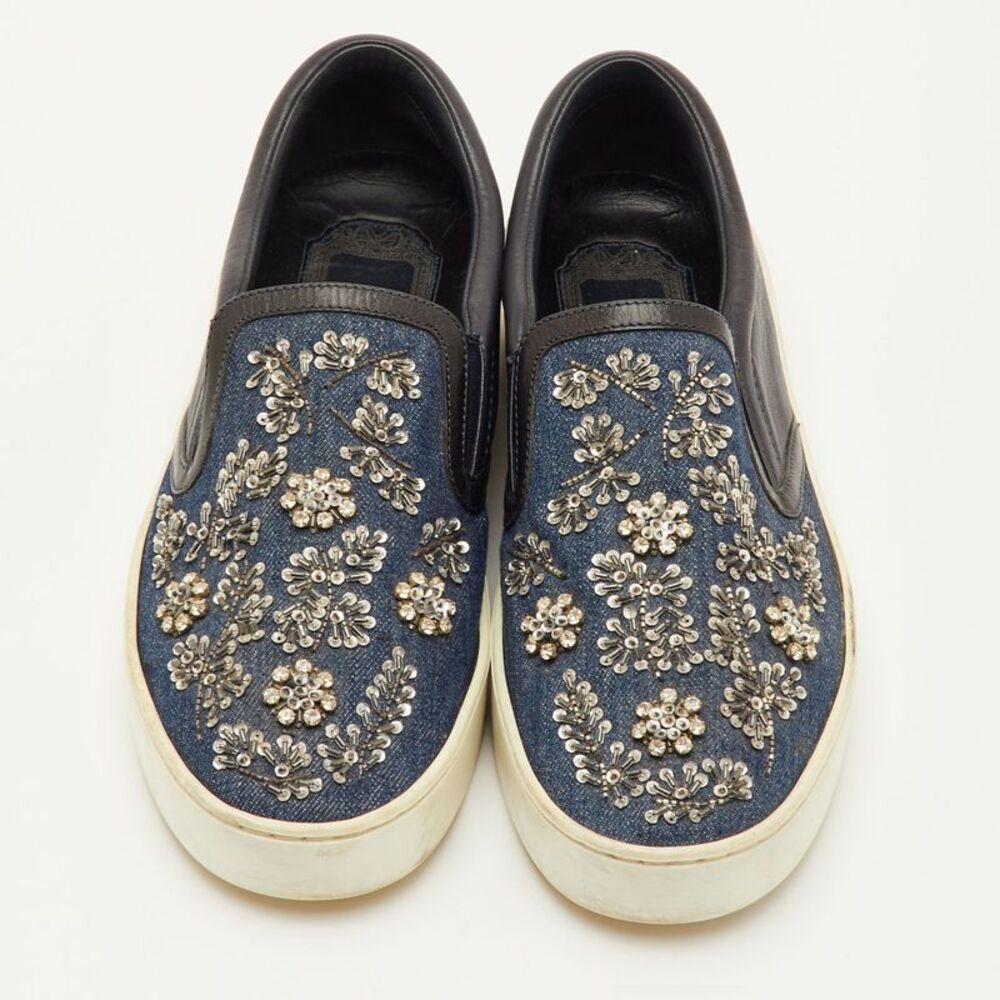 Dior Happy Size 38 Black/navy Blue Leather And Denim Crystal Embellished Slip - Picture 3 of 7